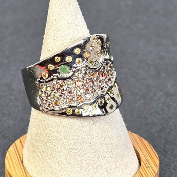 925 Sterling Silver Ring Siz 7.5 with Natural Sapphire & Emerald Gems - Picture 3 of 11